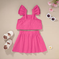 Toddler Girl Solid Color Bow Decor Ruffle Armhole Top & Skirt - PrettyKid