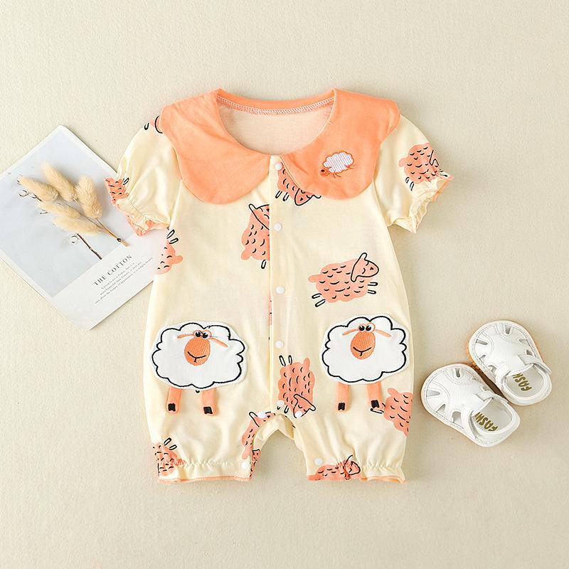 Baby Cartoon Sheep Pattern Peter Pan Collar Romper - PrettyKid