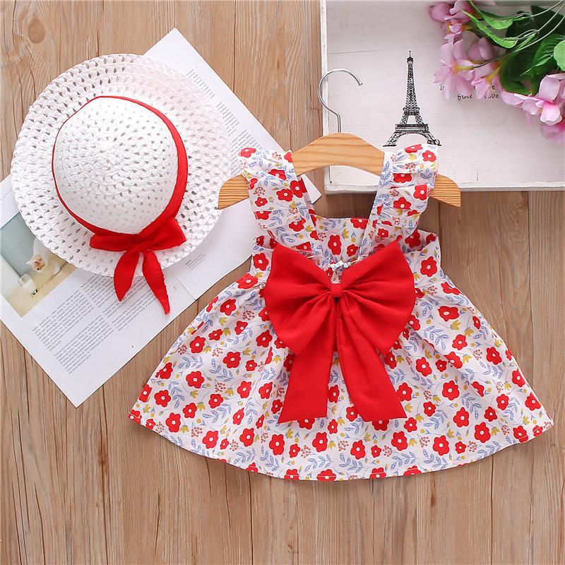 New Born Girl Sleeveless Flowers Print Big Bowknot Cami Dress - PrettyKid