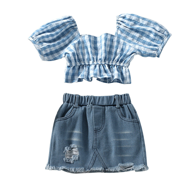 2-7years Girls Shorts Set Square Neck Blue Plaid Top Denim Fringe Skirt Wholesale Toddler Clothing - PrettyKid