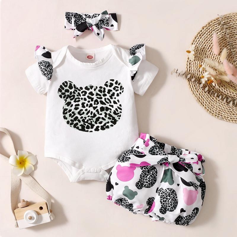 Baby Girl Bear Pattern Ruffle Trim Bodysuit & Printed Shorts & Headband - PrettyKid