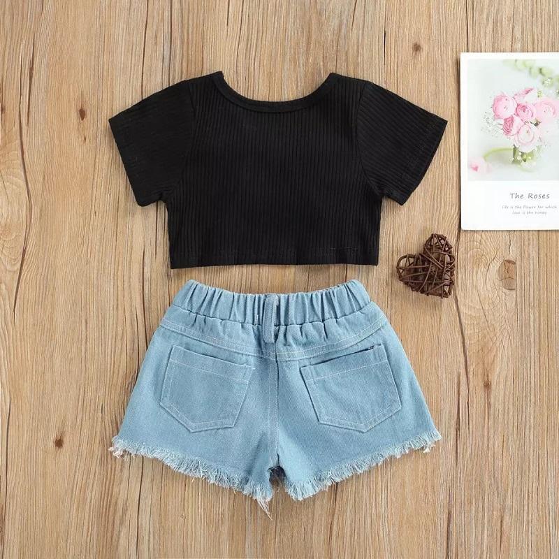 Toddler Girl Bowknot Design Waistless Top & Denim Shorts - PrettyKid