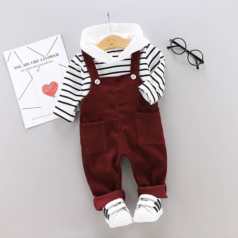 2-piece Striped Hoodie & Solid Dungarees for Children Boy - PrettyKid