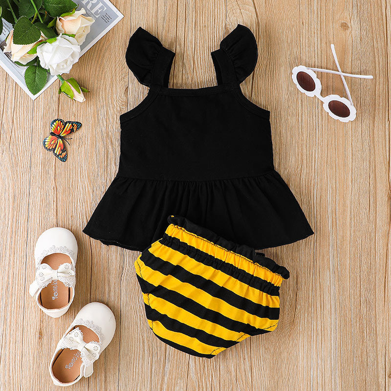 6-24M Baby Girl Set Clothes Letter Stripe Bee Print Suspender Wholesale Baby Clothes - PrettyKid