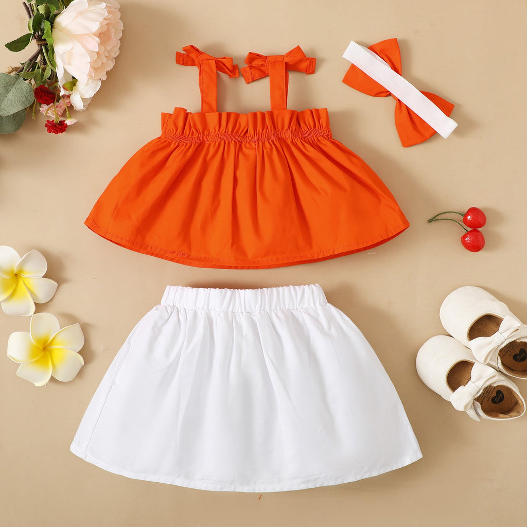 9M-4Y No Pattern Sling Tie Bow Panel Short Skirt Set Headband Wholesale Baby Clothes - PrettyKid