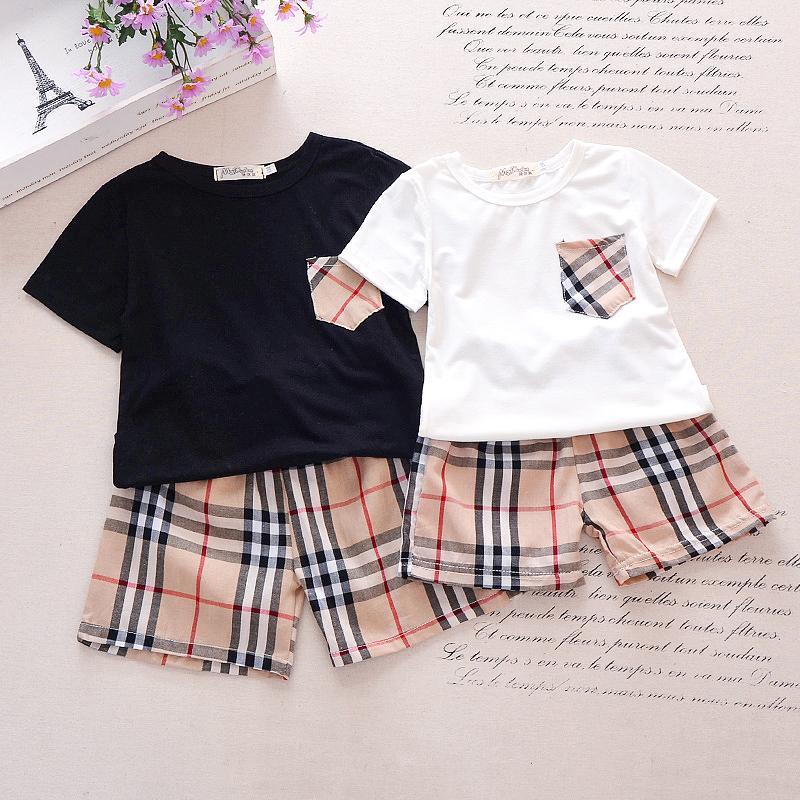 Classic Solid Short-sleeve Tee and Plaid Shorts Set Children's clothing wholesale - PrettyKid