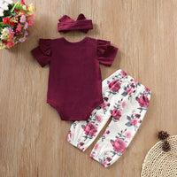 3-piece Solid Ruffle Bodysuit & Floral Printed Pants & Headband for Baby Girl Children's clothing wholesale - PrettyKid