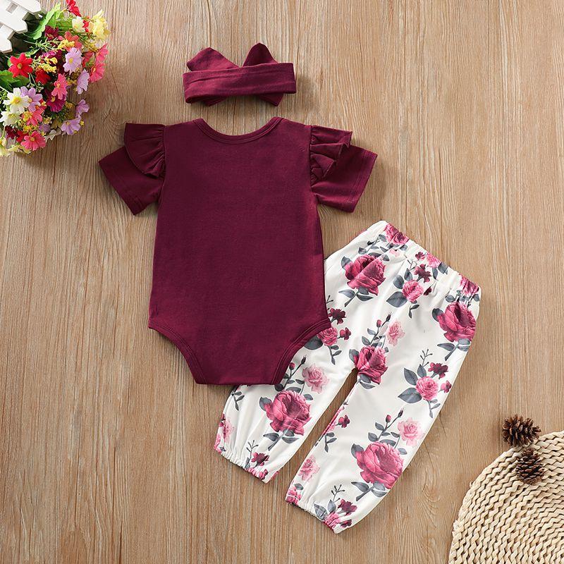 3-piece Solid Ruffle Bodysuit & Floral Printed Pants & Headband for Baby Girl Children's clothing wholesale - PrettyKid