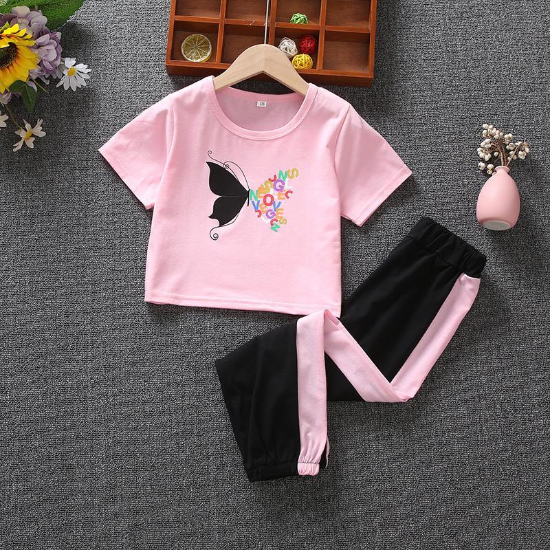 Girl Butterfly Pattern T-shirt & Side Stripes Pants - PrettyKid