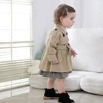 Wholesale Baby Solid Color Double-breasted Placket Tied Lantern Sleeve Short Trench Coat in Bulk - PrettyKid