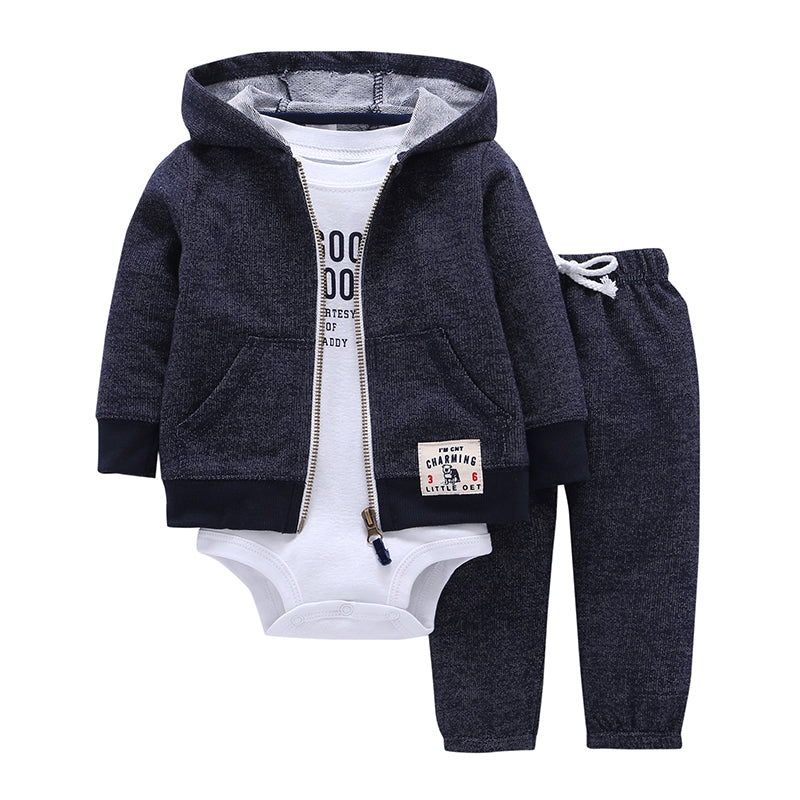 Baby Long Sleeve Hooded Striped Jacket Sweater Printed Jumpsuit Pants Three Piece Set Designer Baby Clothes Wholesale - PrettyKid