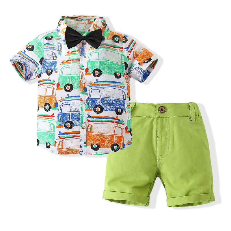 9months-5years Toddler Boy Sets Children's Clothing Suit New Summer Boy Short-Sleeved Printed Cartoon Car Shirt & Solid Color Shorts - PrettyKid