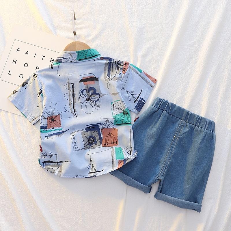 Toddler Boy Abstract Flower Shirt & Denim Shorts - PrettyKid