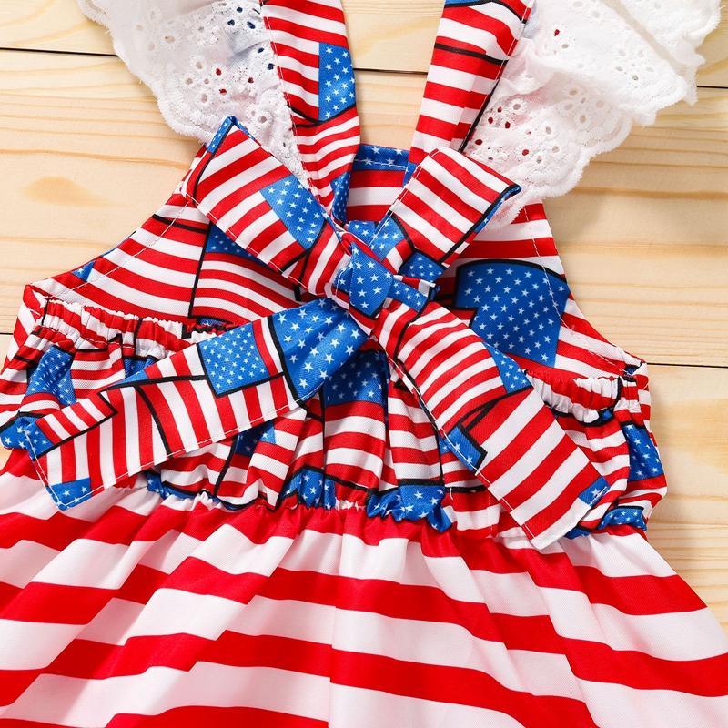 Baby Girl Independence Day Striped Ruffle Armhole Dress & Headband - PrettyKid