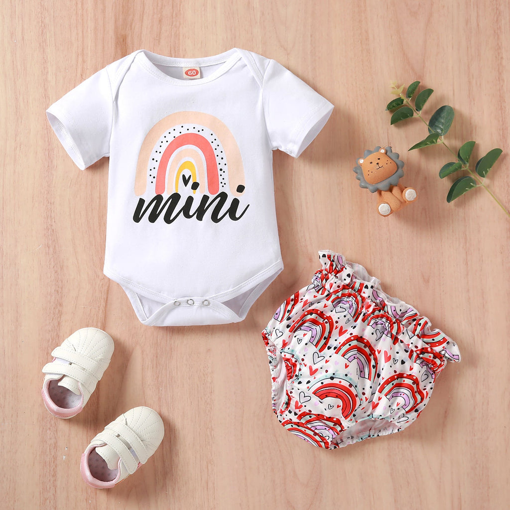 0-18M Rainbow Print Fungus Trim Short Sleeves Baby Girl Outfit Sets Wholesale Baby Clothes - PrettyKid