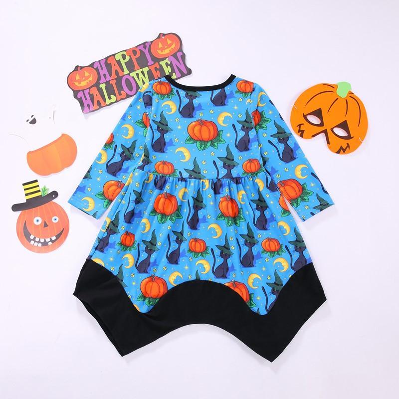 branded kidswear wholesale Toddler Girl Cat Print Long Sleeve Dress - PrettyKid