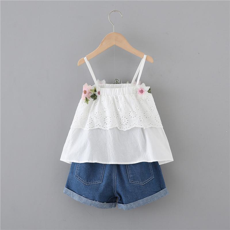 Toddler Girl Embroidered Flower Decor Tiered Cami Top & Ripped Denim Short - PrettyKid