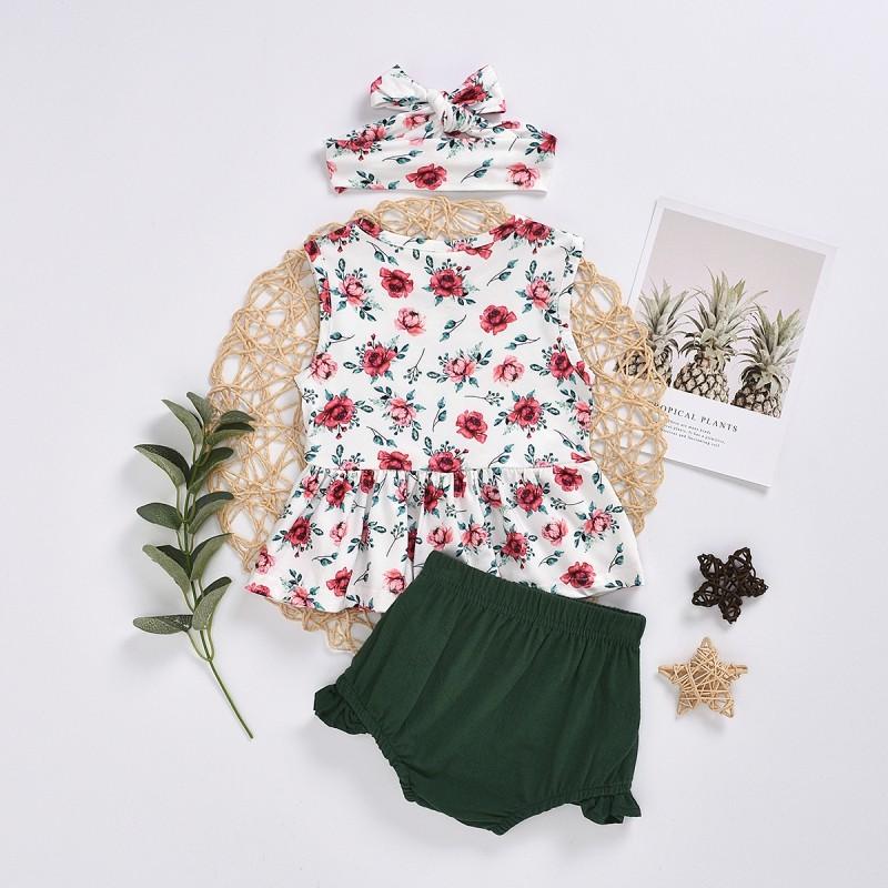 3-piece Floral Printed Dress & Shorts & Headband for Baby Girl - PrettyKid