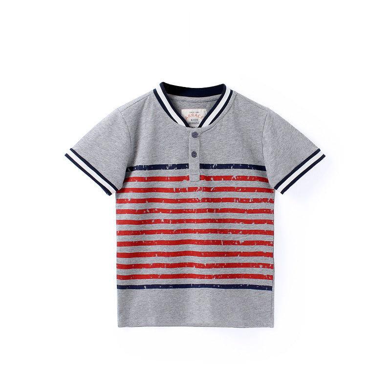 18M-6Y Boys Tops Short Sleeve Buttoned Stand Collar Casual Stripes Wholesale Toddler Clothing