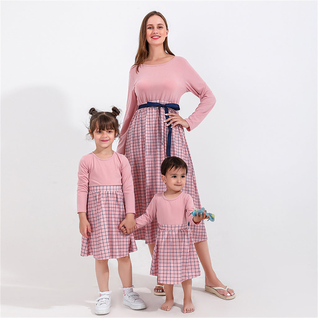 Wholesale Sweet Plaid Pattern Print Long Sleeve Dress for Mom and Me in Bulk - PrettyKid