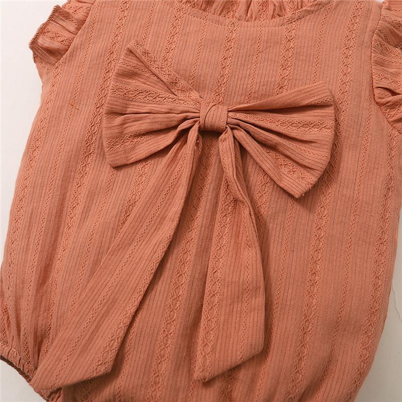Baby Girl Solid Color Bow Decor Sleeveless Bodysuit & Ruffle Trim Shorts - PrettyKid