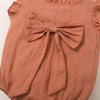 Baby Girl Solid Color Bow Decor Sleeveless Bodysuit & Ruffle Trim Shorts - PrettyKid