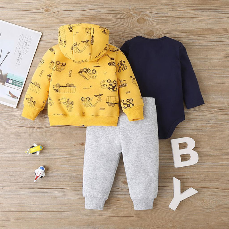 Baby Boys Cartoon Yellow Car Print Coat Jumpsuit Pants Set Wholesale Baby Clothes Online - PrettyKid