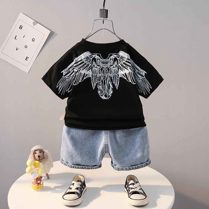 Grow Boy Cotton Animal Wing Patten Print Top & Denim Shorts - PrettyKid