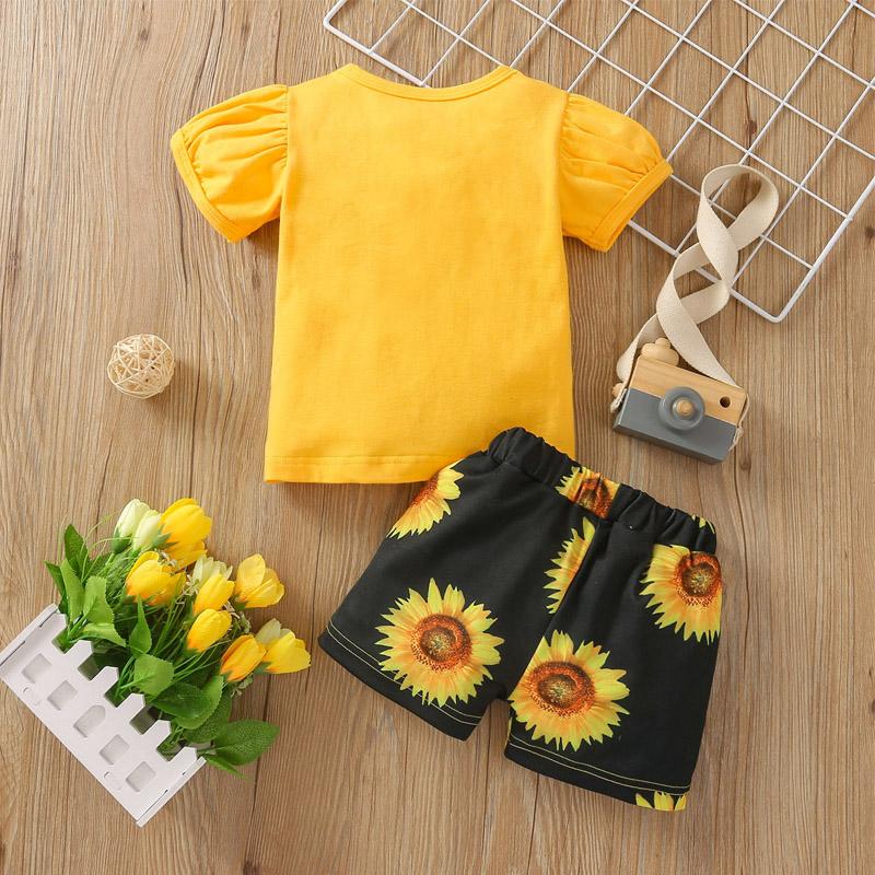 Baby Girl Letter Print Puff Sleeve T-shirt & Sunflower Print Shorts - PrettyKid