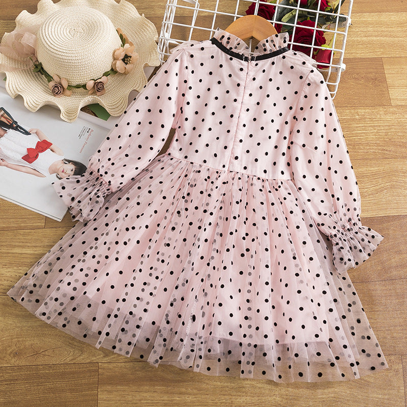 2-7Y Toddler Girls Polka Dots Mesh Long Sleeve Dresses Toddler Girl Spring Clothes - PrettyKid