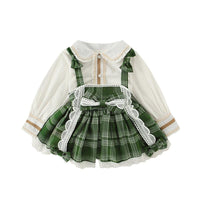 9months-5years Toddler Girl Sets Shirt & Suspenders Bow Plaid Skirt Fashion Girl Wholesale - PrettyKid