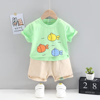 Grow Boy Cartoon Fish Patten Top & Solid Color Shorts - PrettyKid