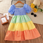 Big Girls Dresses Puff Sleeves Smocked Rainbow Kids Clothing Wholesale KD168094 - PrettyKid