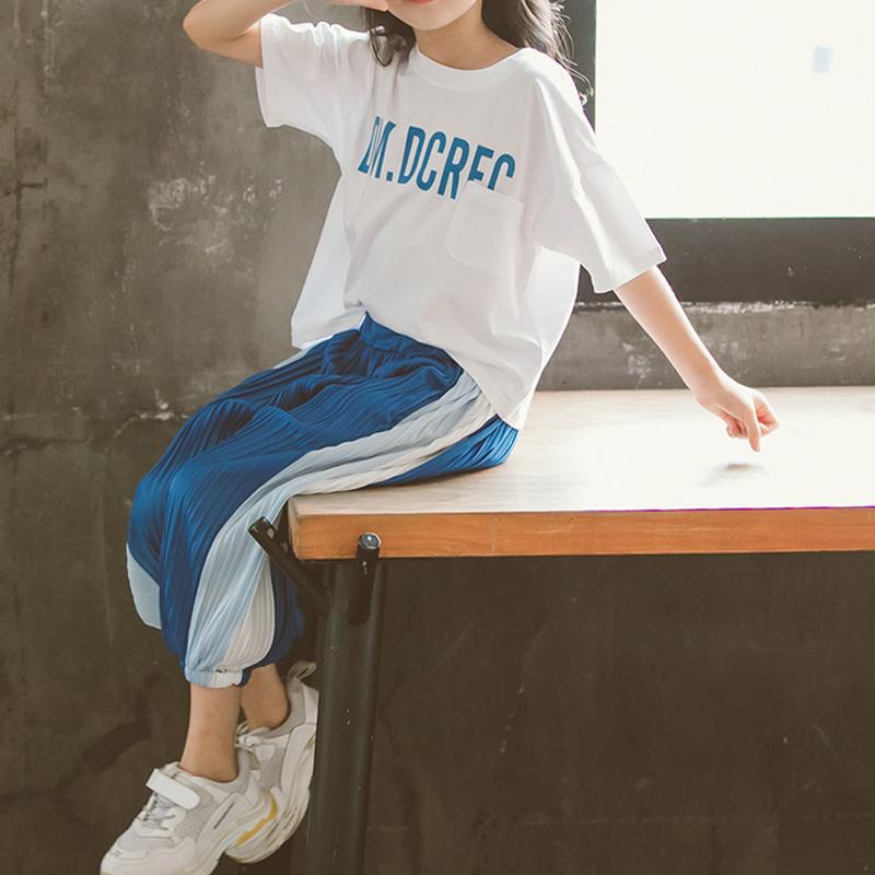 Girl Letter Pattern T-shirt & Color-block Pants - PrettyKid