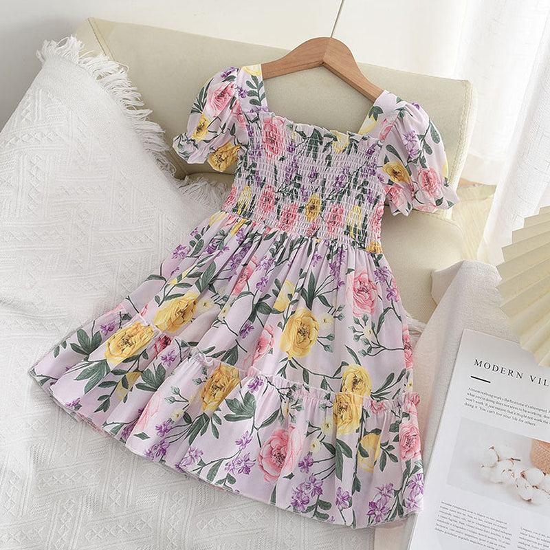 18months-6years Toddler Girl Dresses 2022 Summer New Girls Square Neck Puff Sleeve Flower Pleated Dress - PrettyKid