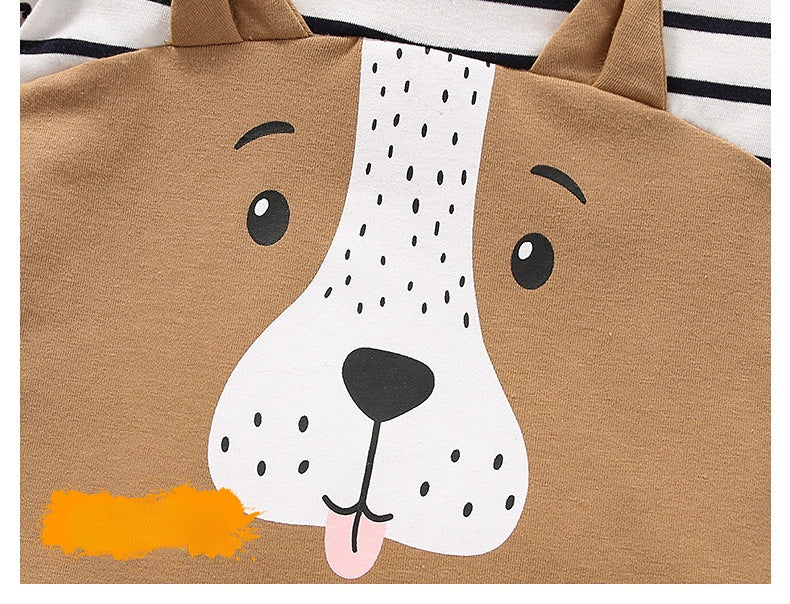 Baby Boys Cartoon Stripe Stitching Brown Cartoon Dog Print Short Sleeve Jumpsuit - PrettyKid