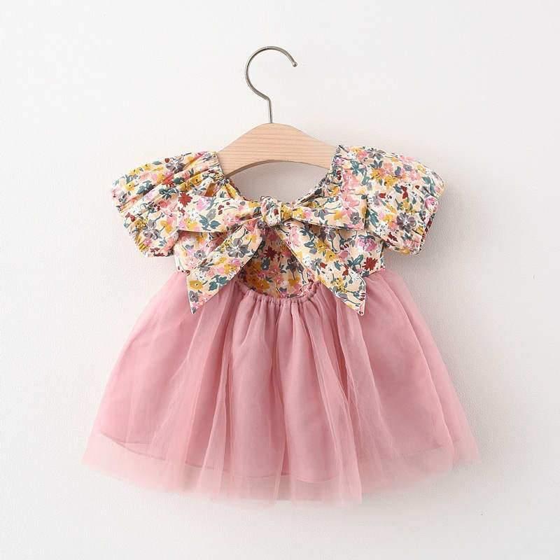 Baby Girl Floral Pattern Summer Mesh Hem Dress - PrettyKid