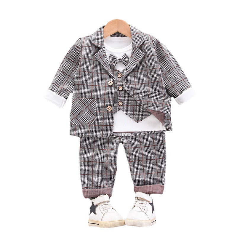 9-24Months Baby Boys Vest False 2-Piece Set Of Tops Bottoming Shirt And Fine Plaid Jacket And Pants 3-Piece Sert Wholesale Childrens Clothing In Bulk - PrettyKid
