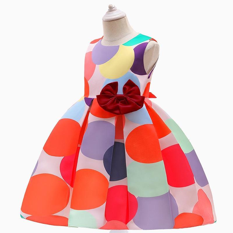 Girl Bow Decor Colorful Dot Print Sleeveless Formal Dress - PrettyKid