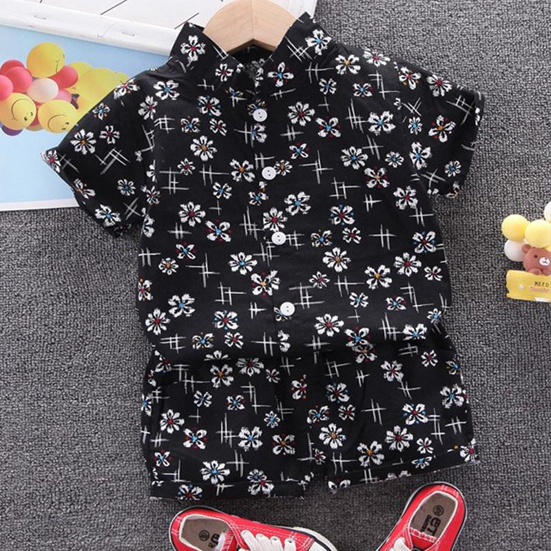 Boy Floral Stand-up Collar Floral Print Shirt & Shorts - PrettyKid