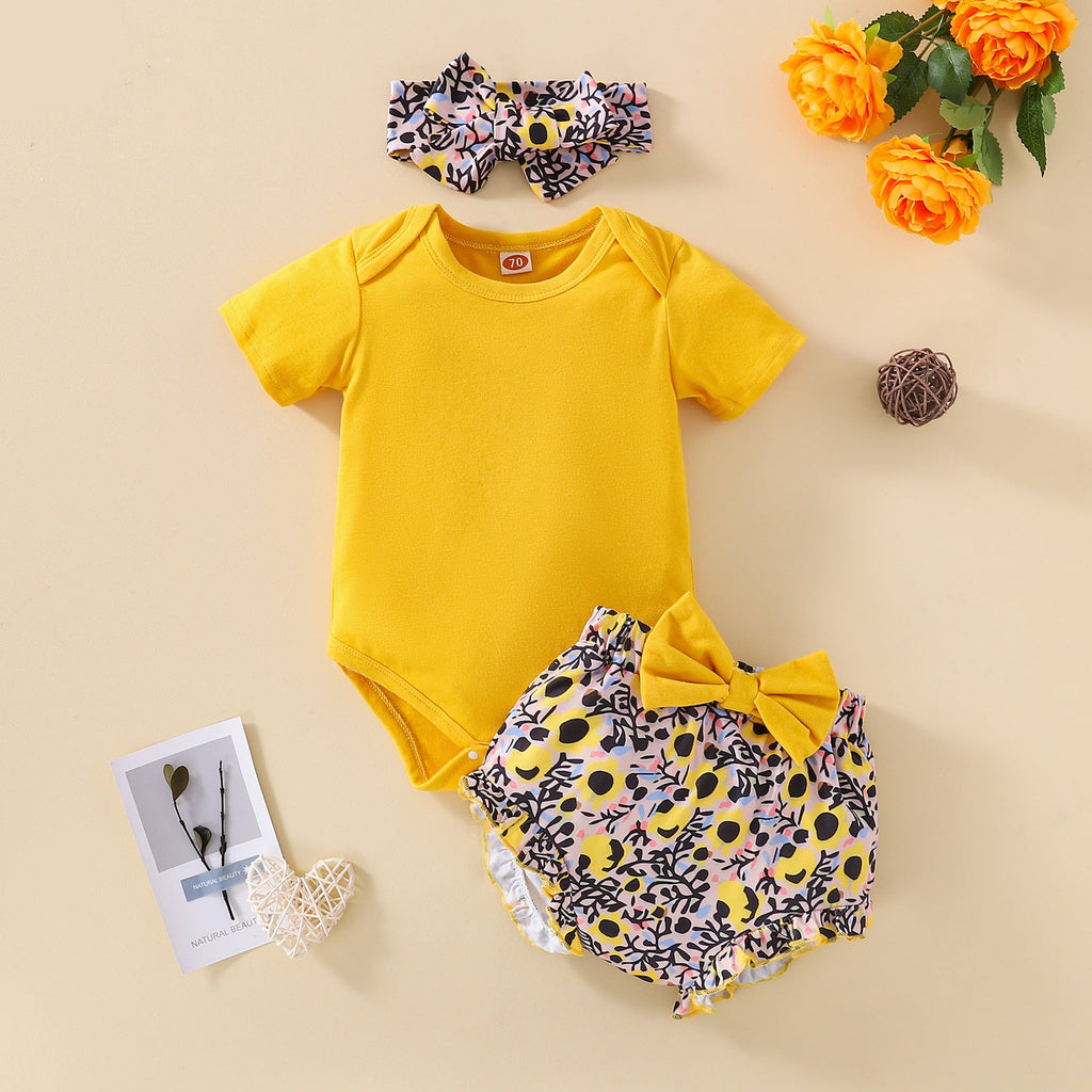 Baby Girl Pure Color Jumpsuit And Bow Floral Print Briefs With Headband Baby Outfit Sets - PrettyKid