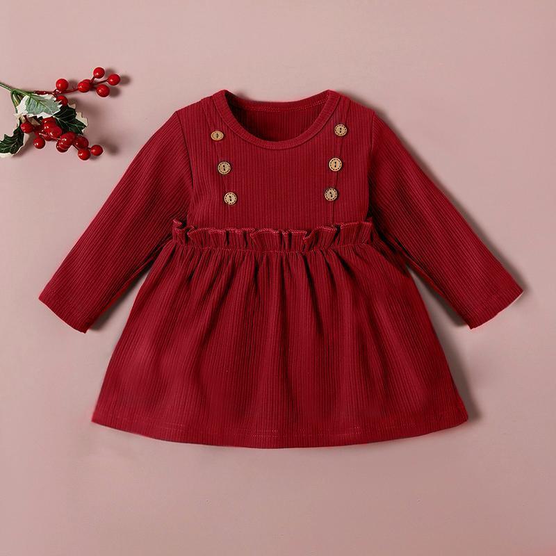 Cotton Solid Long-sleeved Dress - PrettyKid