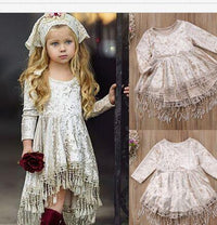 Toddler Girls Gold Velvet Long Sleeve Dress Lovely Lace Fringed Dress - PrettyKid