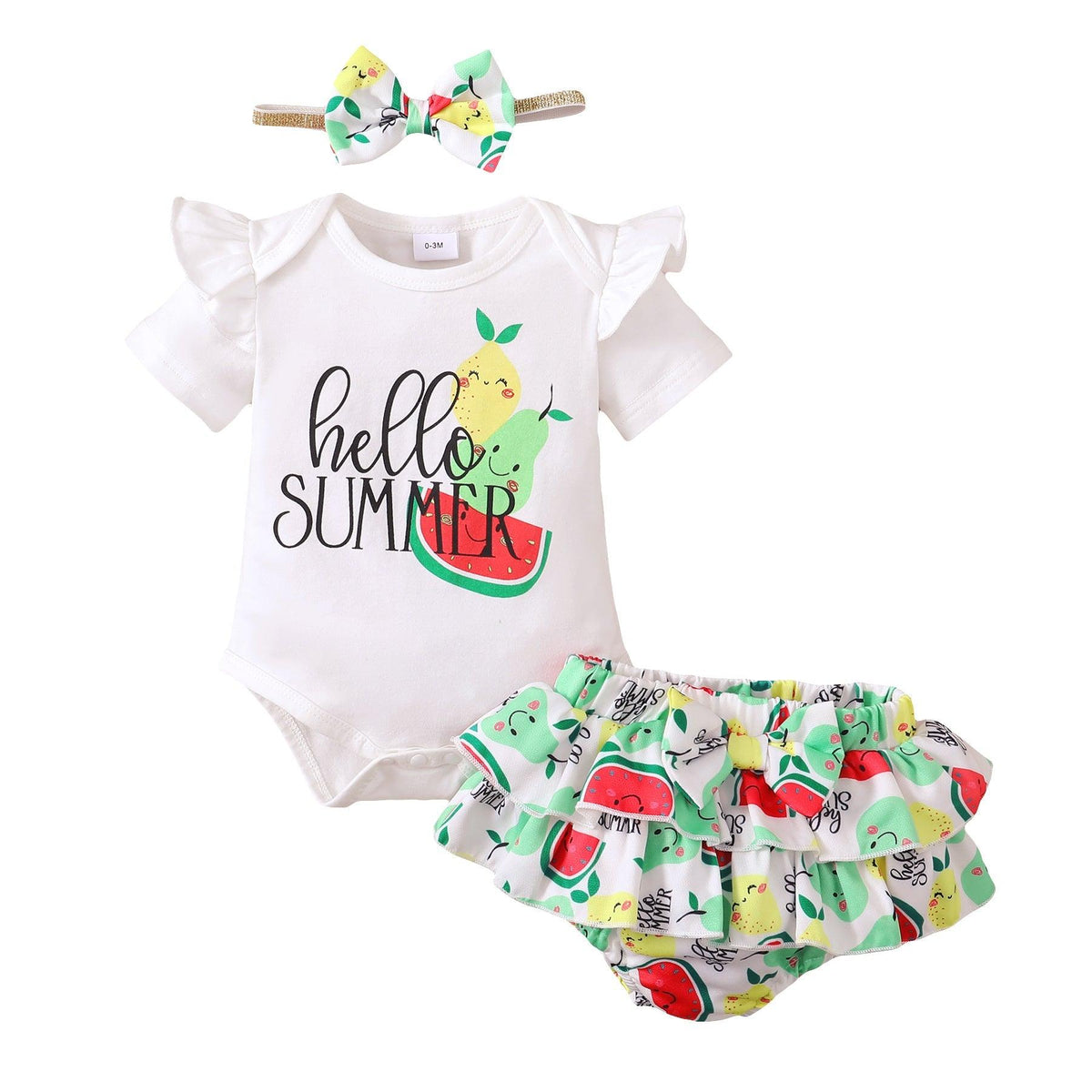 Baby Girl Monogram & Fruit Print Bodysuit And Briefs With Headband Baby Outfit Sets - PrettyKid