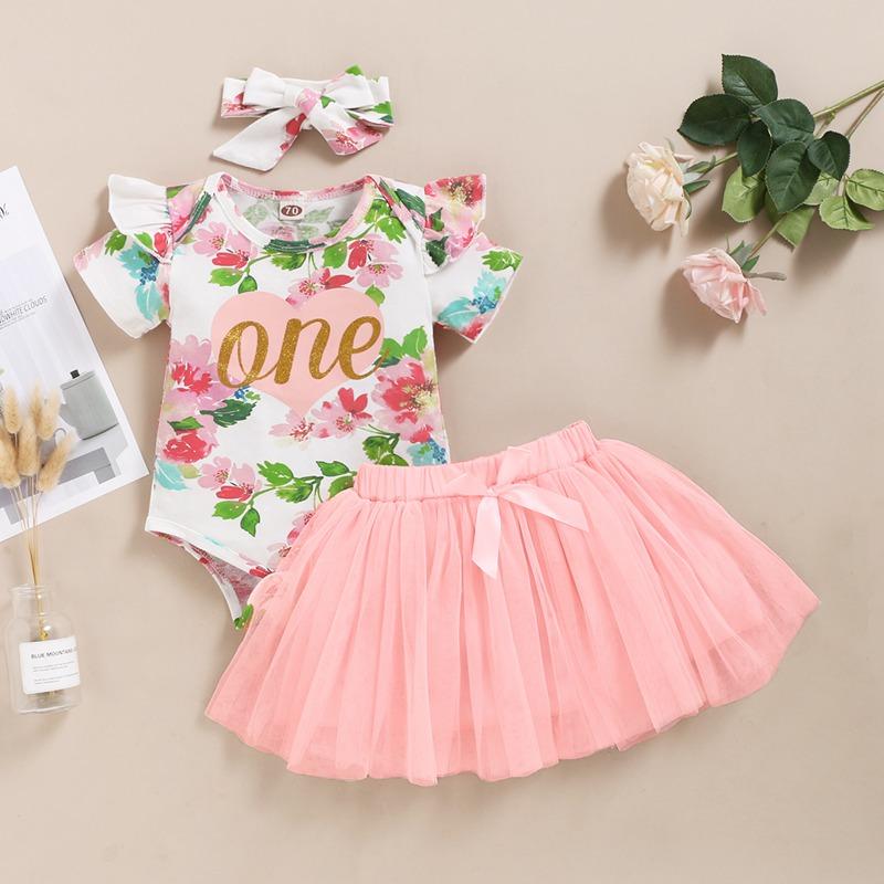 3-piece Floral Printed Bodysuit & Skirt & Headband for Baby Girl Children's Clothing - PrettyKid