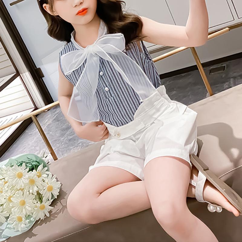 Girl Striped Sleeveless Top & Solid Solor Shorts - PrettyKid