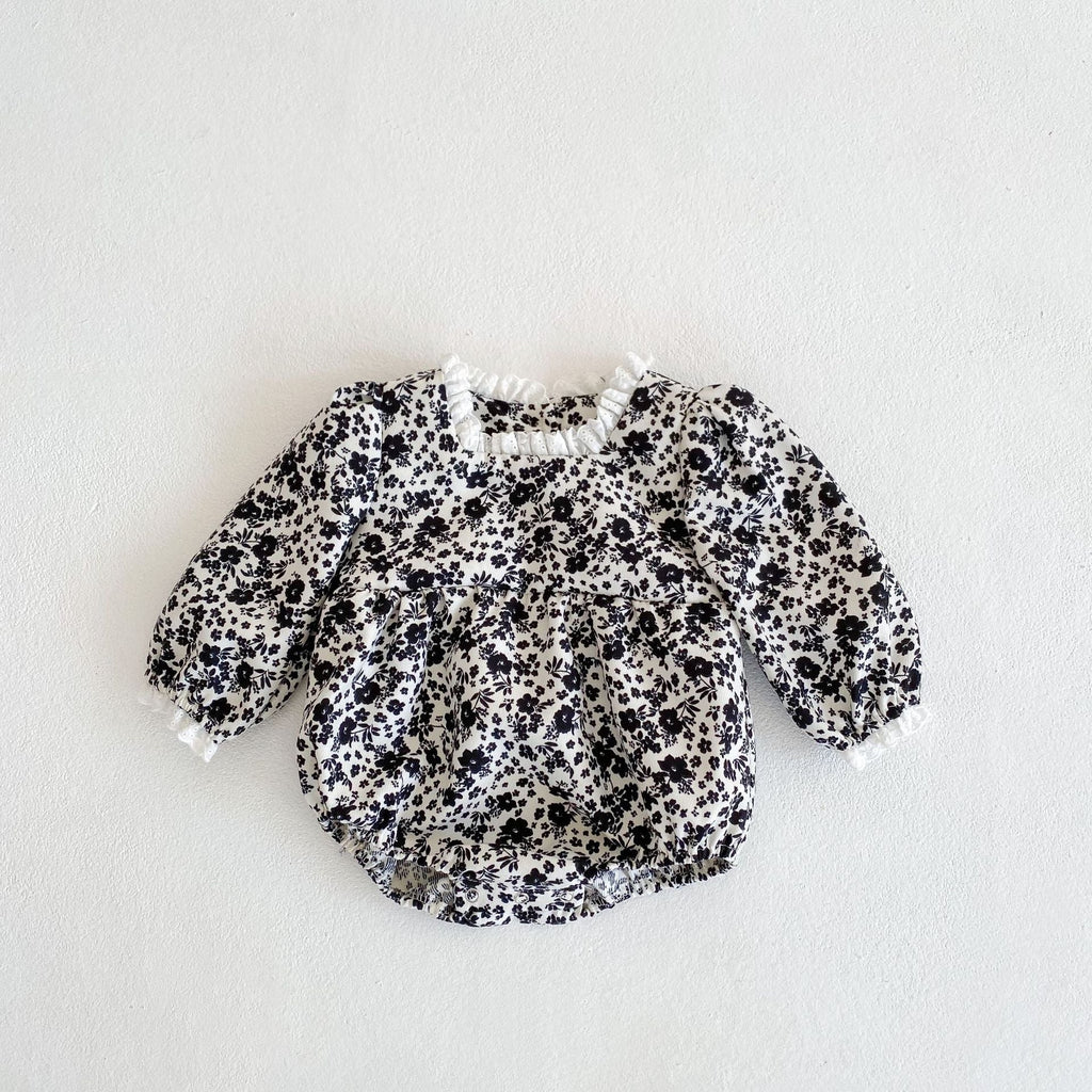 3-18M Baby Girl Onesies Floral Print Long Sleeve Ruffle Neck Bodysuit Wholesale Baby Clothes In Bulk - PrettyKid