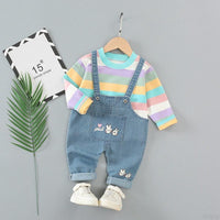 9months-5years Toddler Girl Sets Children's Suits Striped Long Sleeve T-Shirt & Denim Overalls Two-Piece Set - PrettyKid