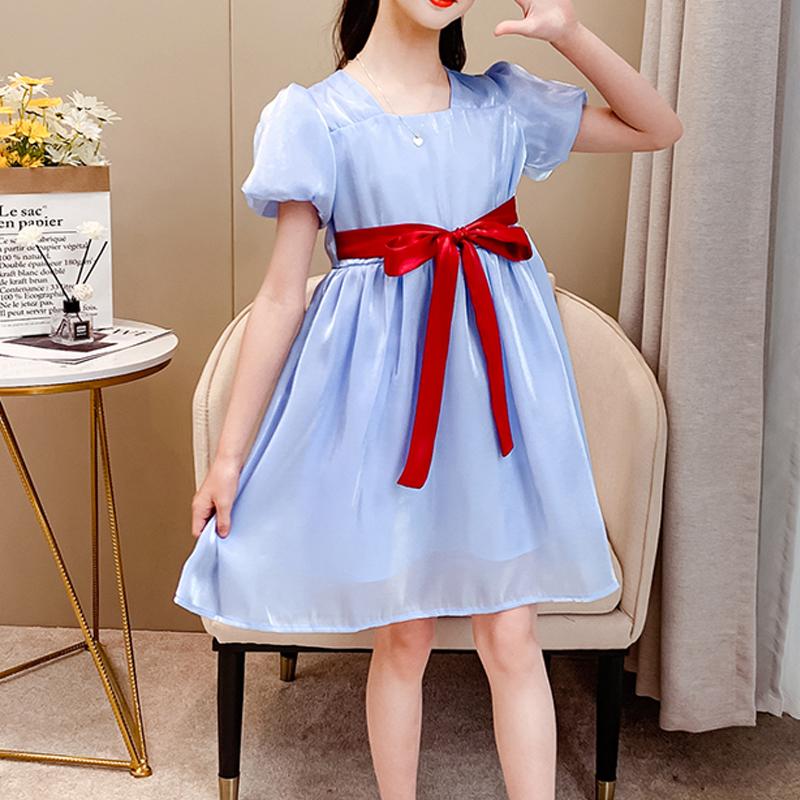 Girl Solid Color Puff Sleeve Belted Dress Children's Clothing - PrettyKid