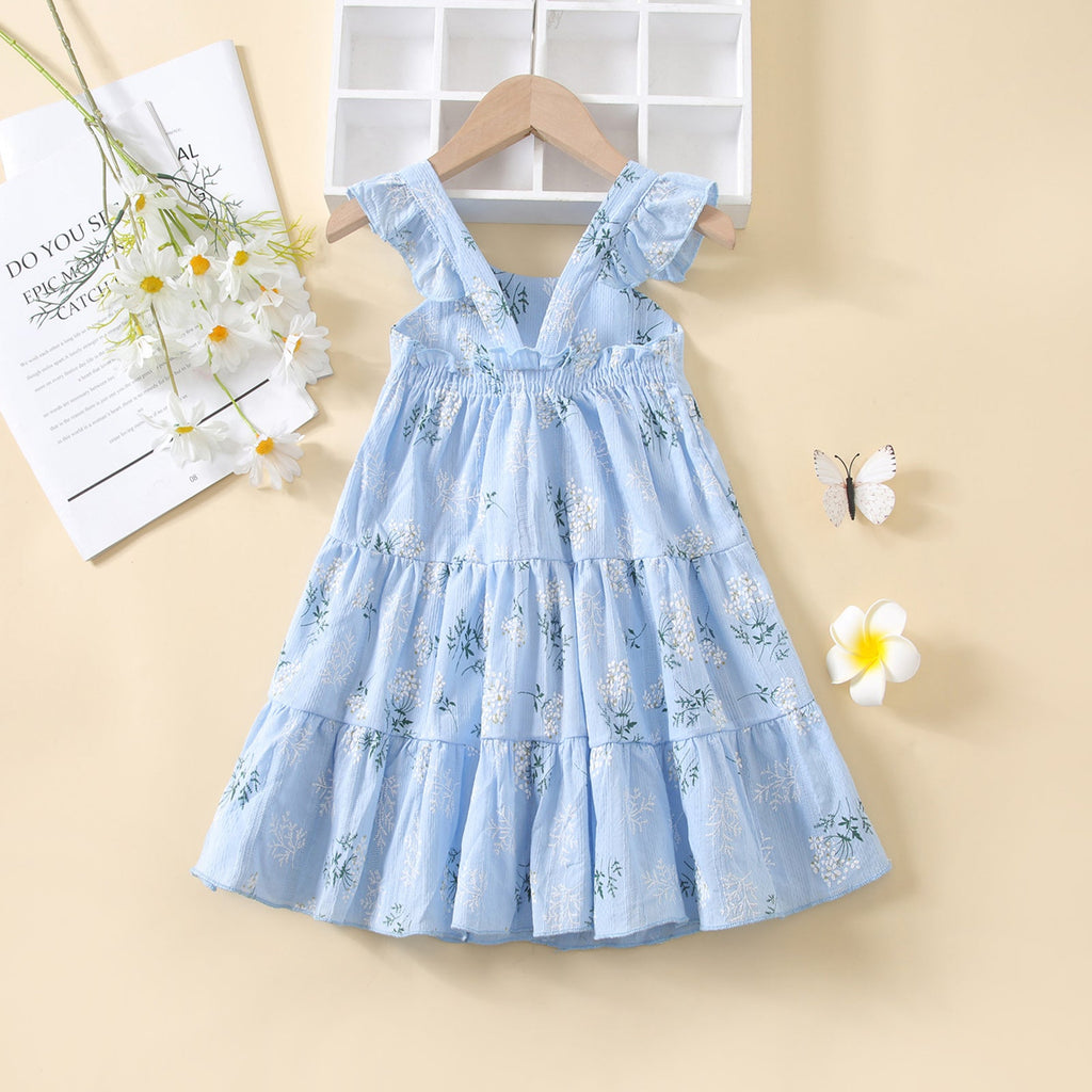 18M-6Y Toddler Girls Floral Print Flutter Sleeve Dresses Wholesale Sunny Girl Clothing - PrettyKid